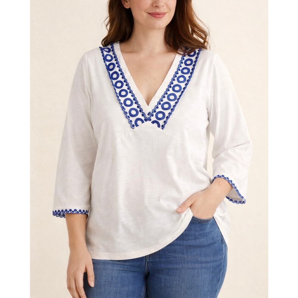 Boden White Embroidered V Neck Blouse Blue Trim 3/4 Sleeve Women’s Size 18